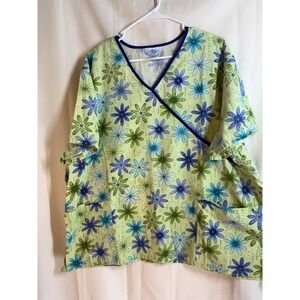 SB Scrub Wear Women's 2X Floral Print Wrap Scrub Top V Neck Blue Green